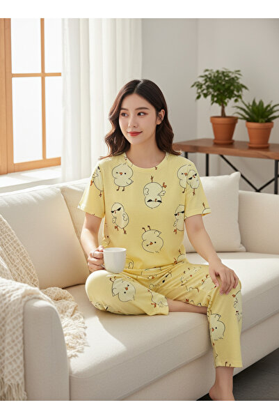 LETS BASIC Yellow Cute Chick Patterned Short Sleeve Women's Pajamas Set