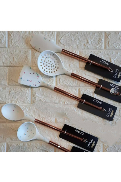 AROW Servappetit Ceramic Rose 5PC Utensil Set w/Crock, Copper & Nylon, White & Rose Color