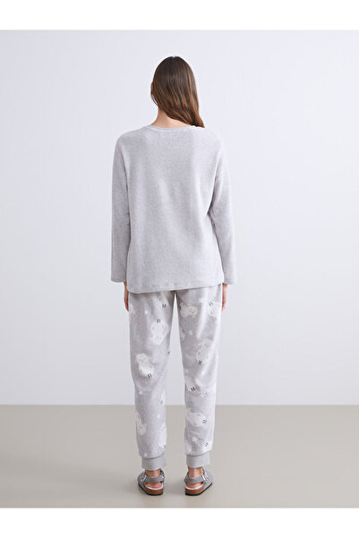 LC Waikiki Gray Crew Neck Embroidered Fleece Women's Pajama Set