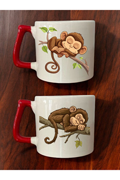 lili hediyelik طقم من كوبين للقهوة مطبوع عليه قرد على شجرة - أكواب سيراميك لل...