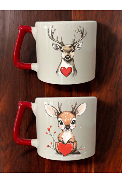 lili hediyelik Heart Deer Printed 2-Piece Coffee Cup Ceramic Mug - Ceramic Tea, Coffee Gift Cup