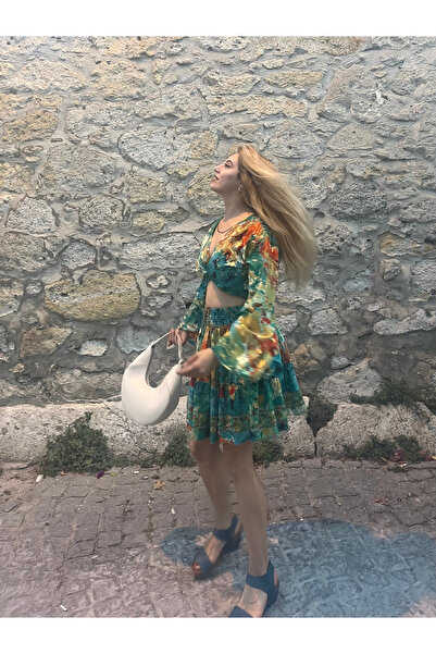 Çeşme Home Green Patterned Elastic Waist Silk Mini Skirt