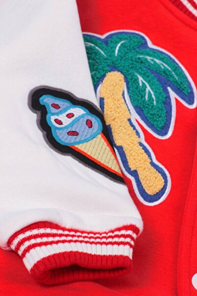 La ciel Paris Hei Red Embroidered Los Angeles Cotton Buttoned Unisex College Bomber Jacket