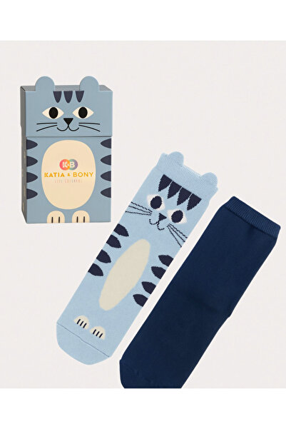 Katia&Bony Children's Cat Patterned 2-Piece Boxed Socket Socks Blue