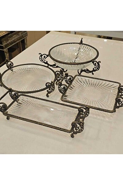 MaviDamla Cast Metal Frame Glass and Serving Presentation Set 9 Pieces Antique