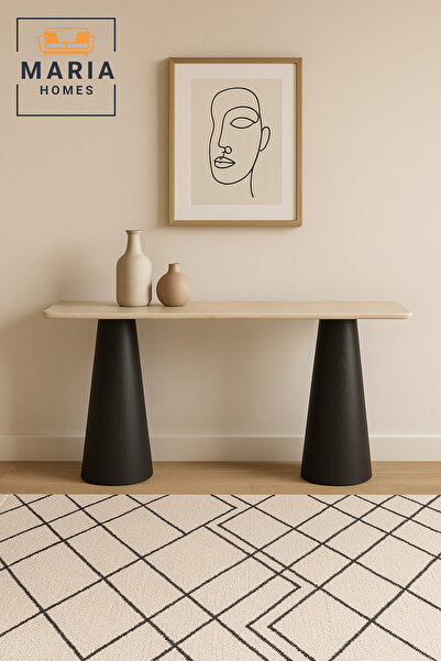 MARIA HOMES Modern Console Table – Beige Top with Black Base, Entryway & Living Room Furniture (140×40×80 cm)