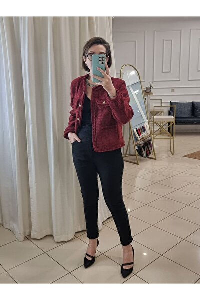 pudubutik Short Tweed Jacket Burgundy
