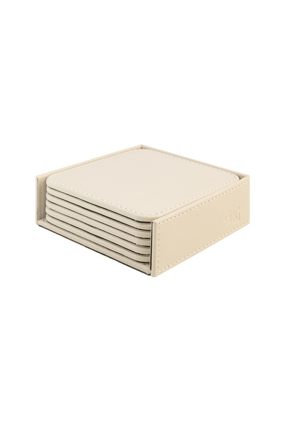 2K Coasters, Set of 6, Desktop Square Cup Coaster, Vegan Faux Leather, 11X11 Cm., Beige