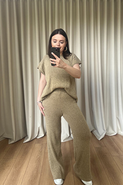 bsracetin co Beige Crew Neck Knitwear Blouse Set