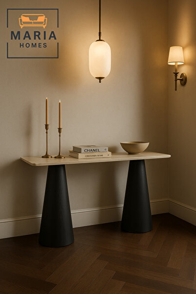MARIA HOMES Modern Console Table – Beige Top with Black Base, Entryway & Living Room Furniture (140×40×80 cm)