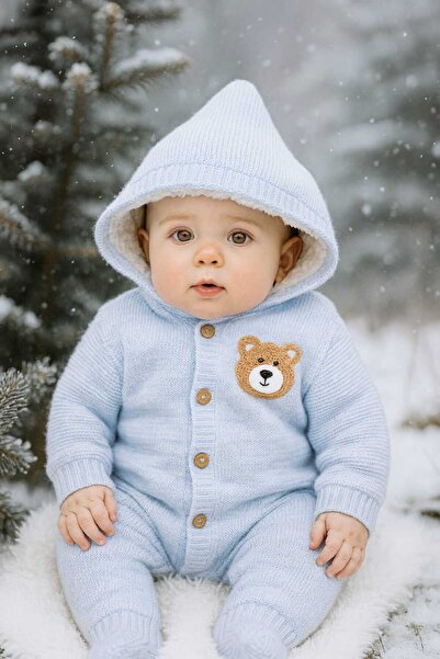 Renata's Unisex Girl Boy Hooded Cute Bear Detailed Knitwear Knitted Inside Welsoft Winter Jumpsuit