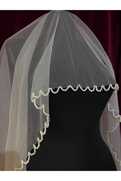 Tasarım İnci İşlemeli Kırık Beyaz Nikah Düğün İçin Tül Gelin Duvak (150cm)
