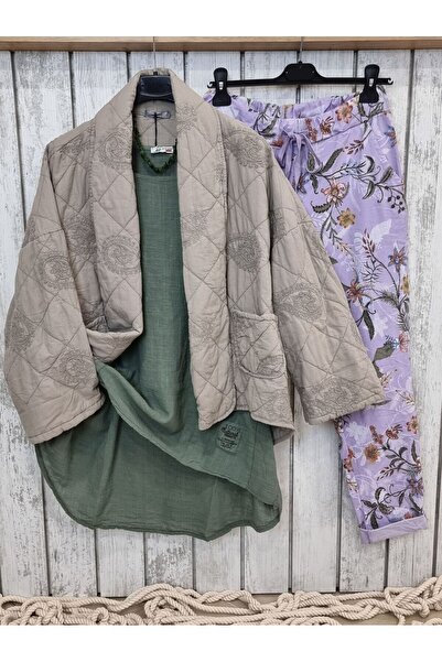 pudubutik Cotton Padded Kimono Jacket Italian Fango Beige
