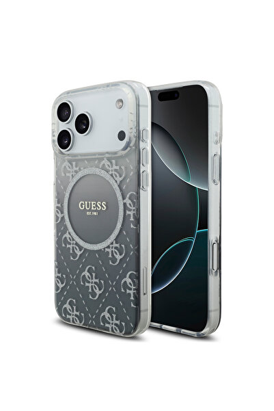 Guess iPhone 17 Pro silicone case in a transparent black gradient color with an elegant pattern. iPhone 17 Pro case supports wireless charging.