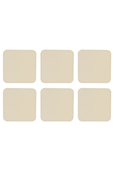 2K Coasters, Set of 6, Desktop Square Cup Coaster, Vegan Faux Leather, 11X11 Cm., Beige