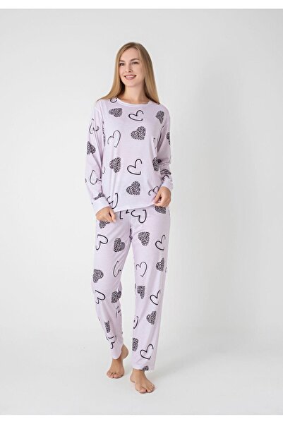 DOLCE KİDS Heart Printed Oversize Cotton Long Sleeve Women's Comfortable Paja...
