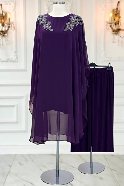 Genel Markalar Tesettür Takım Abiye Elbise Büyük Beden Tesettür Takım Derin Sandy Şifon Kumaş Büyük Beden