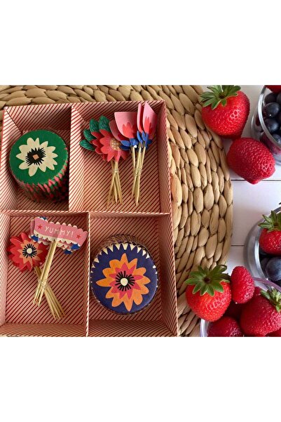 ÇEÇEN HOME مجموعة كب كيك ملونة، أعواد تنظيف الأسنان على شكل زهرة - كبسولة ماف...