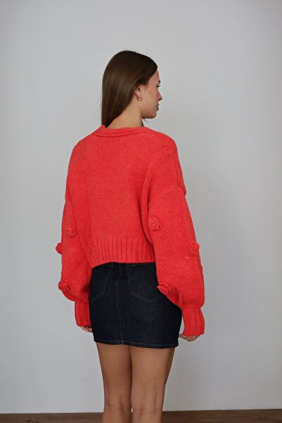 FEHUBLOOM Red Rose Detailed Balloon Sleeve Knitted Cardigan
