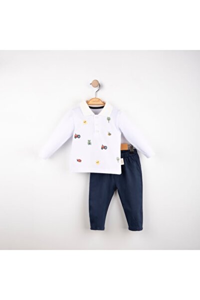 Erkek Bebek Beyaz Nakışlı Polo Yaka Alt Üst Takım