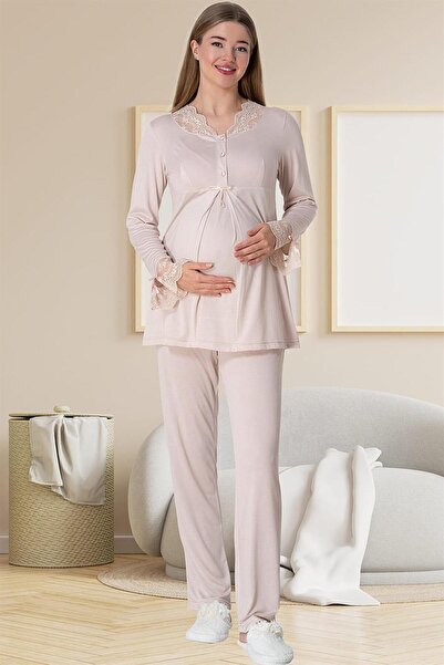 Lohusa Homewear Women's Powder Special Design Lace Detailed Maternity Pajama Set