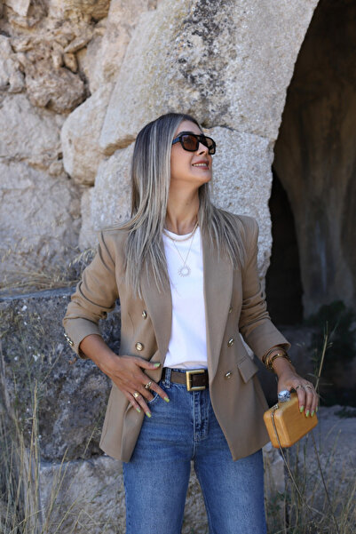 bytugcekaya Kum Gold Düğmeli Premium Kruvaze Blazer