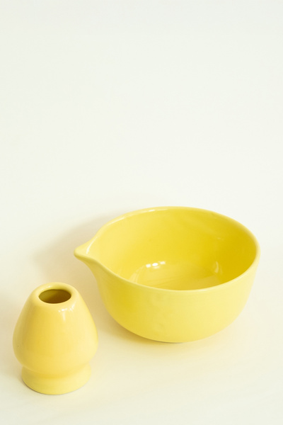 Beige & Stone Ceramic Bright Yellow Matcha Bowl and Whisk Holder Set
