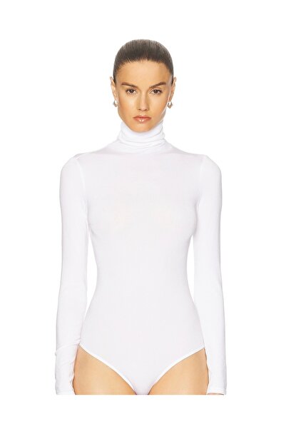 AFR CLOTHES Γυναικείο λευκό κορμάκι διπλής στρώσης από ζέρσεϊ με ζιβάγκο και κουμπωτά στο κάτω μέρος