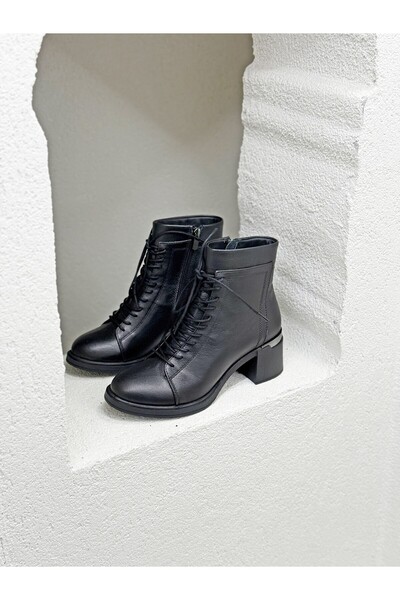 NUR KARACA 25K-215-R1234 Lace-Up Detail Genuine Leather 6cm Thick Heel Boots for Women