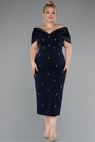 Abiyefon Parlement Kayık Yaka Taşlı Midi Büyük Davet Elbisesi ABK2400