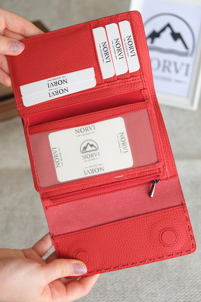 Norvi Leather Saraciye Stitched Multi-Compartment Genuine Leather Wallet for Women Red