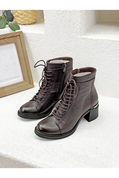 NUR KARACA 25K-215-R1234 Lace-Up Detail Genuine Leather 6cm Thick Heel Boots for Women