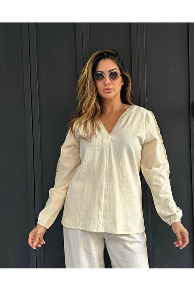 Butik Buldan bezi uzun kollu keten bluz