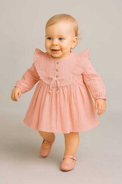 Renata's Kız bebek çocuk müslin pamuklu pembe dantel ve fiyonk detaylı elbise