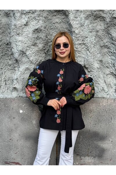 ubmbutik Embroidered Belted Linen Blouse