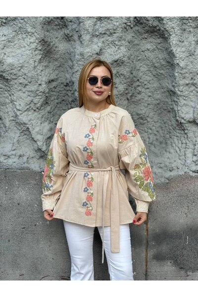 ubmbutik Bluză din in cu broderie și curea