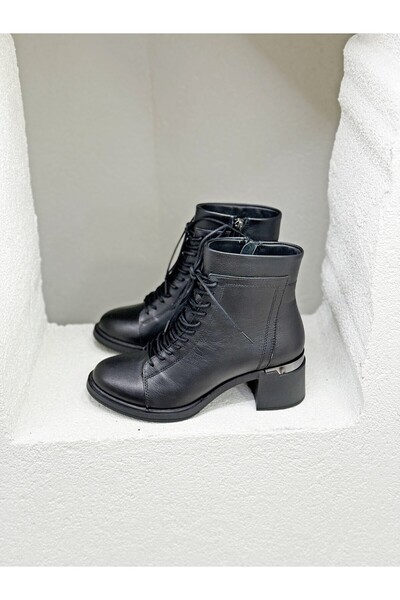 NUR KARACA 25K-215-R1234 Lace-Up Detail Genuine Leather 6cm Thick Heel Boots for Women