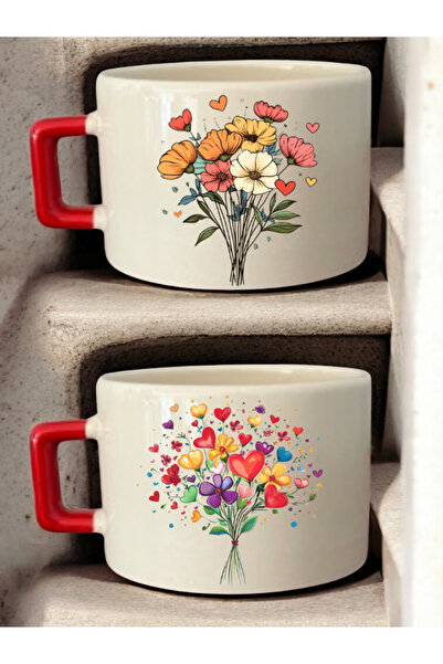 lili hediyelik كوب قهوة سيراميك مكون من قطعتين بتصميم زهور القلوب - كوب سيرام...