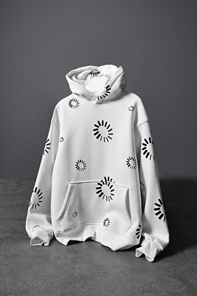 Slatra Men's White Geometric Embossed Print Oversize Hooded Sweatshirt