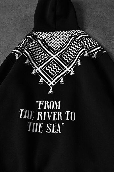 Slatra Men's Black Back Shawl Pattern Oversize Hooded Sweatshirt