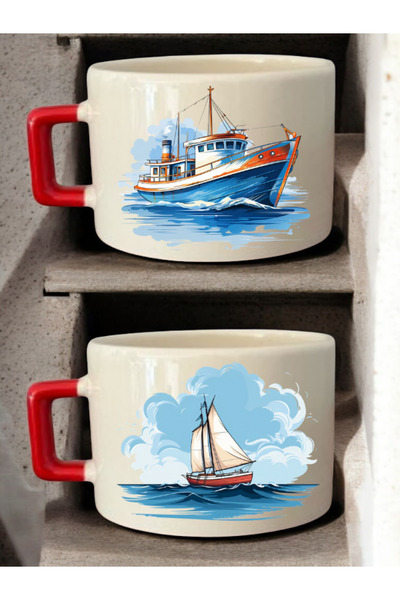lili hediyelik كوب قهوة سيراميك مطبوع عليه رسم سفينة - كوب سيراميك للشاي والق...