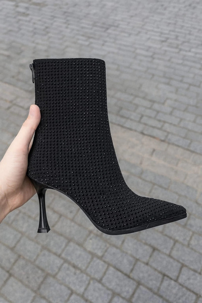 Miss Mitto Kadın Siyah Şık Platin Damla Taşlı İnce Topuklu Rahat Bot