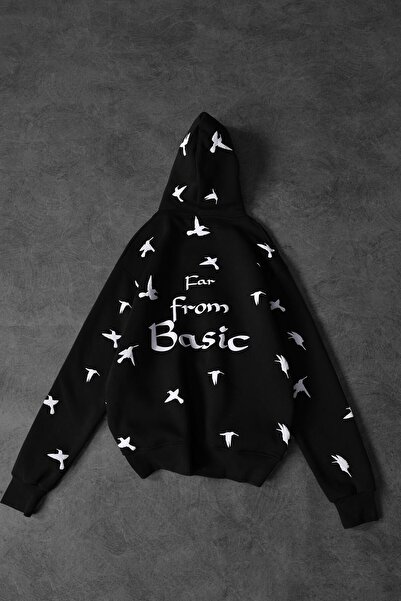 Slatra Men's Black Far from Basic Embossed Print Oversize Hooded Sweatshirt