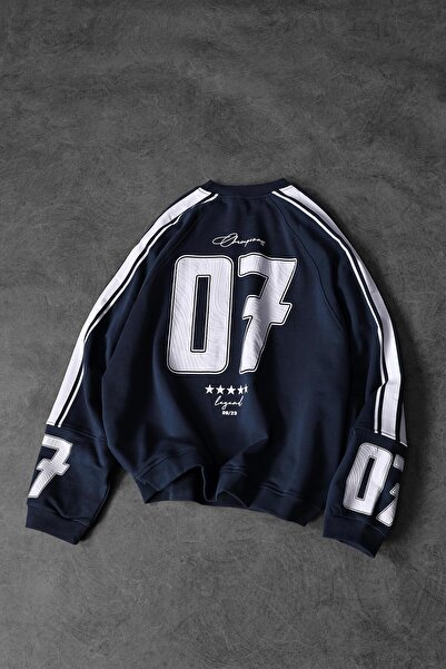 Slatra Men's Navy Blue 07 Champions Printed Oversize Sweatshirt