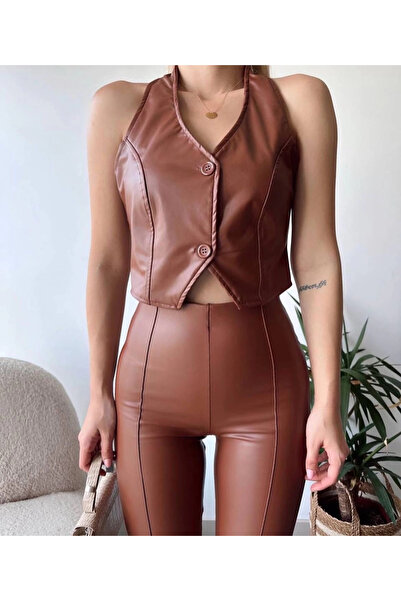 Amara Boutique Mtxdpn Two Button Leather Waistcoat Brown S243001 (153858) (Si...
