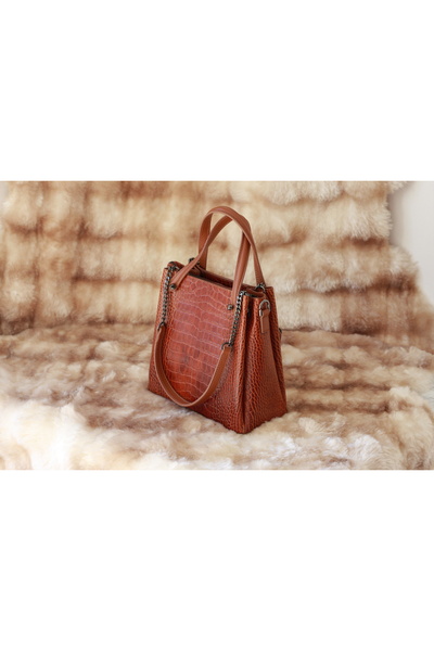 Aksesuarlia Brown Crocodile Pattern Genuine Leather Bag - Shoulder Strap and Handbag - Multi-Compartment