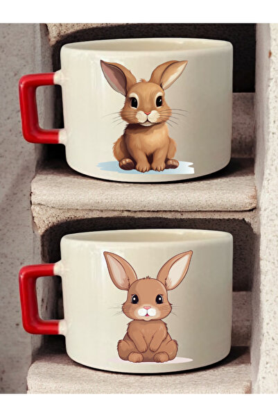 lili hediyelik Sweet Rabbit Illustration Printed 2-Piece Coffee Cup Ceramic Mug - Ceramic Tea, Coffee Gift Cup