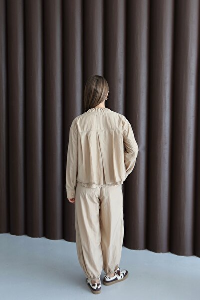 FEHUBLOOM Women's Beige Ribbed Detailed Jacket and Pants Set