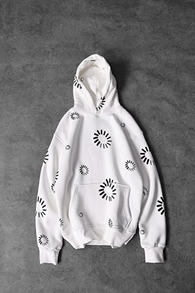 Slatra Men's White Geometric Embossed Print Oversize Hooded Sweatshirt