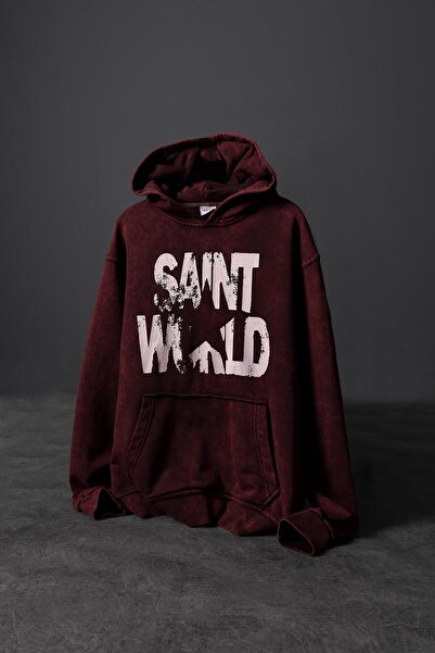 Slatra Erkek Bordo Star Özel Yıkamalı Oversize Kapüşonlu Sweatshirt